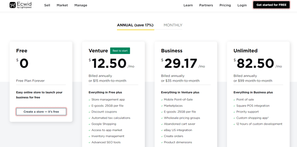 Ecwid Pricing