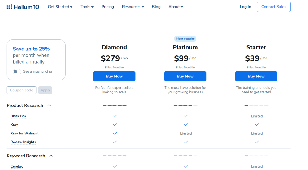 Helium 10 Pricing Plans