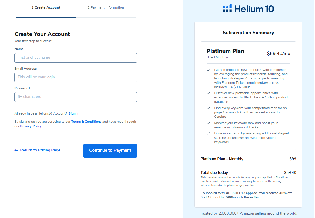 Create A New Helium 10 Account