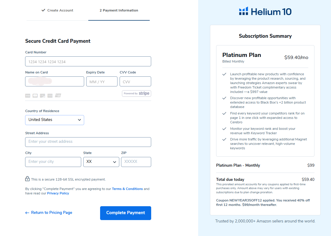 Helium 10 Checkout Page