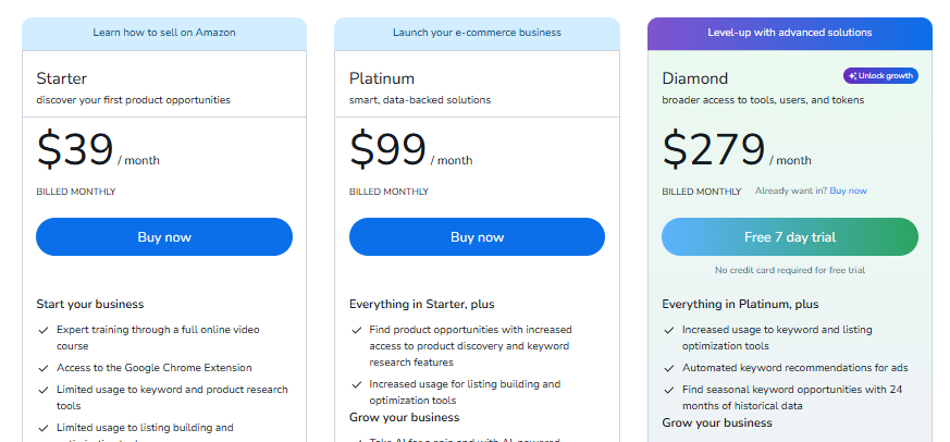 Helium 10 Pricing Plans